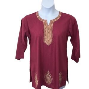 Parshwa Art Tunic Top Blouse Women Indian Embroidered 3/4 Sleeve NWT XL